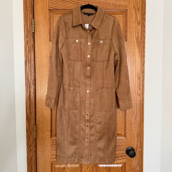 NEW White House Black Market Faux Suede Shirt Dress in Warm Tan - Picture 4 of 14
